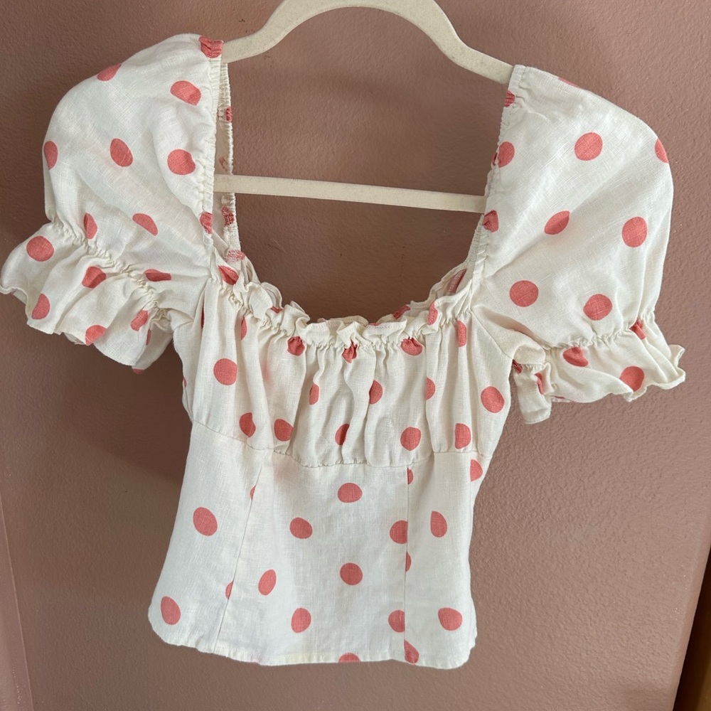 Reformation White and Pink Polka Dot Linen Top